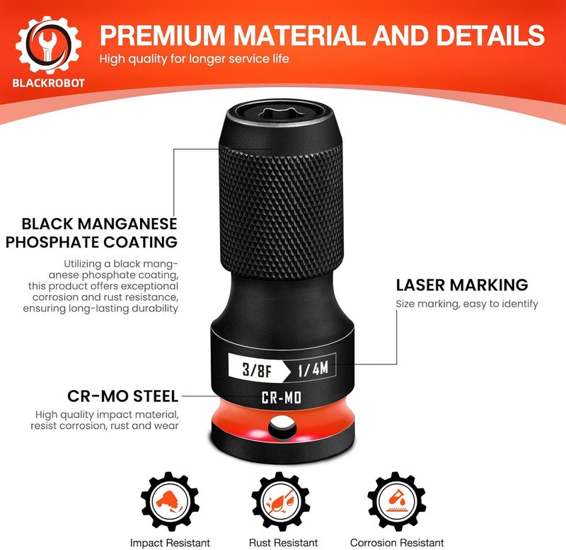 BLACKROBOT Quick Release Impact Bit Holders 3/8-Inch Square Drive to 1/4-Inch Hex Socket Adapter, CR-MO Steel, Red - Image 5